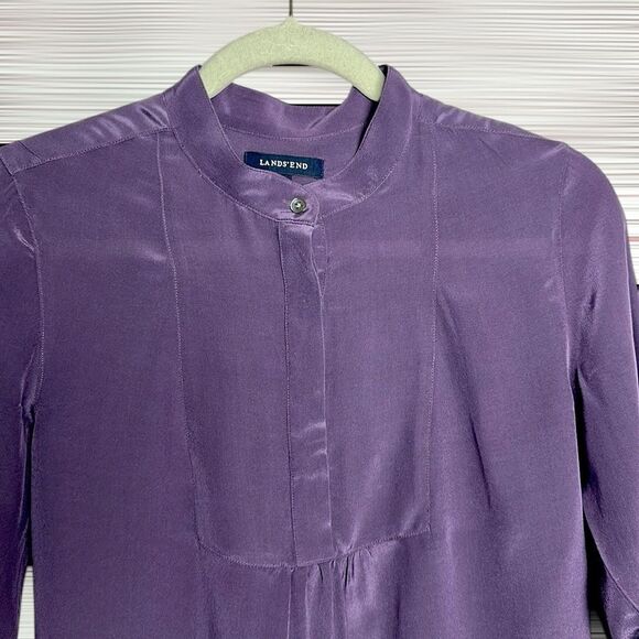 Land’s End Washable Silk Blouse Tunic Top Purple Long Sleeve Mandarin Collar US4 - Picture 3 of 13